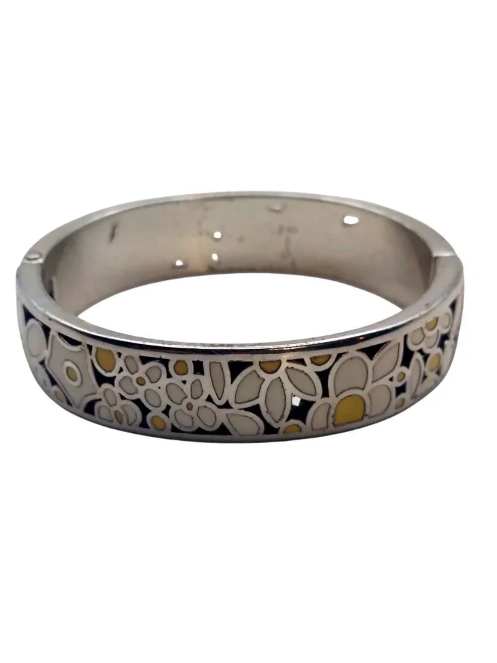 Brighton Upsy Daisy Hinged Bangle Bracelet Silver Plated Floral Enamel Retired